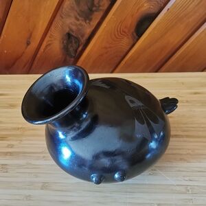 Vintage Handmade Signed Mexican Black Pottery Bird Vase